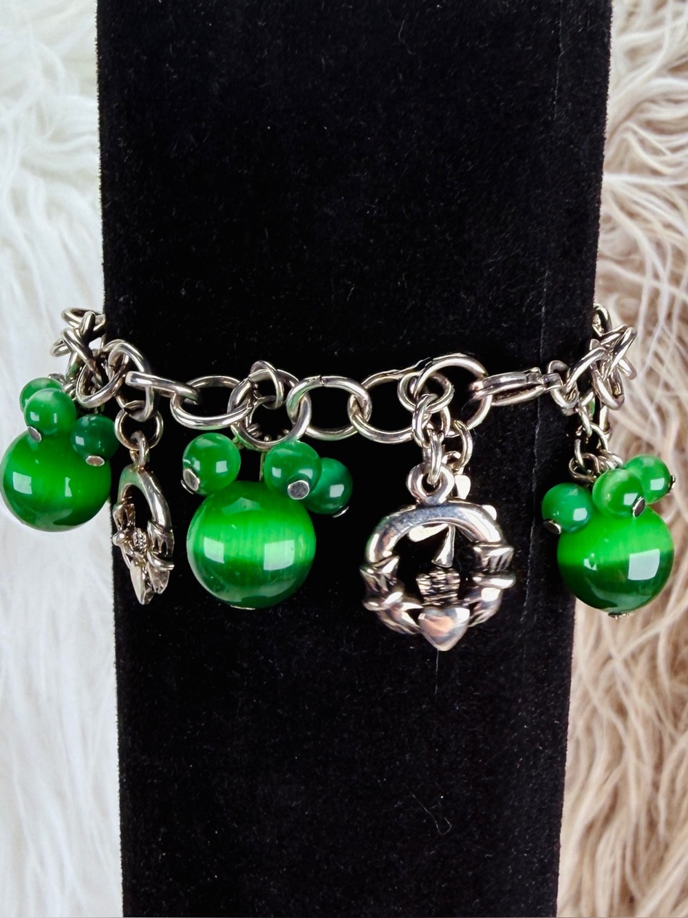 Vintage Irish Claddagh Green Charm Bracelet Shamrock Silver Tone Statement